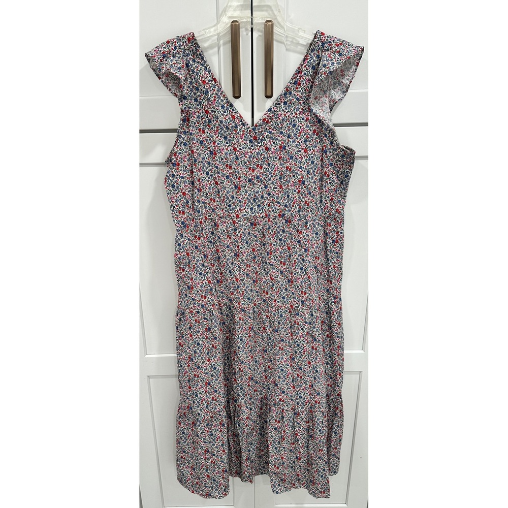 LOFT Womens Floral V-Neck Ruffle Sleeve Tiered Midi Dress‎ Red Blue White Size M